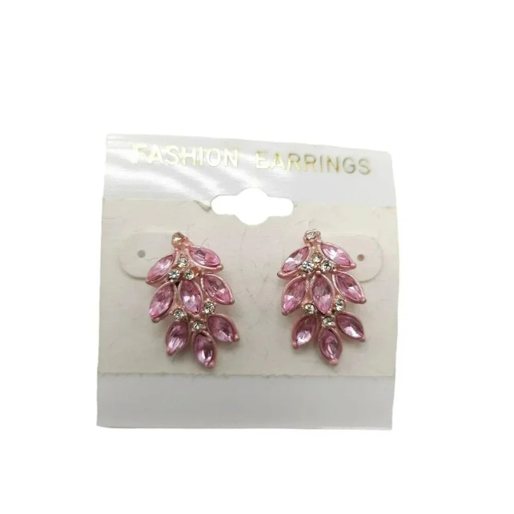Pink Crystal Clear Rhinestone Dangle Drop Earrings Vintage New Old Stock